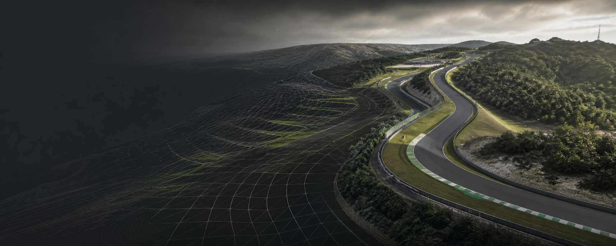 Pista sendo construída entre terreno digital e ambiente finalizado